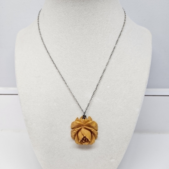 Vintage Jewelry - VINTAGE Carved Bakelite Butterscotch Rose Pendant Sterling Silver Chain Germany